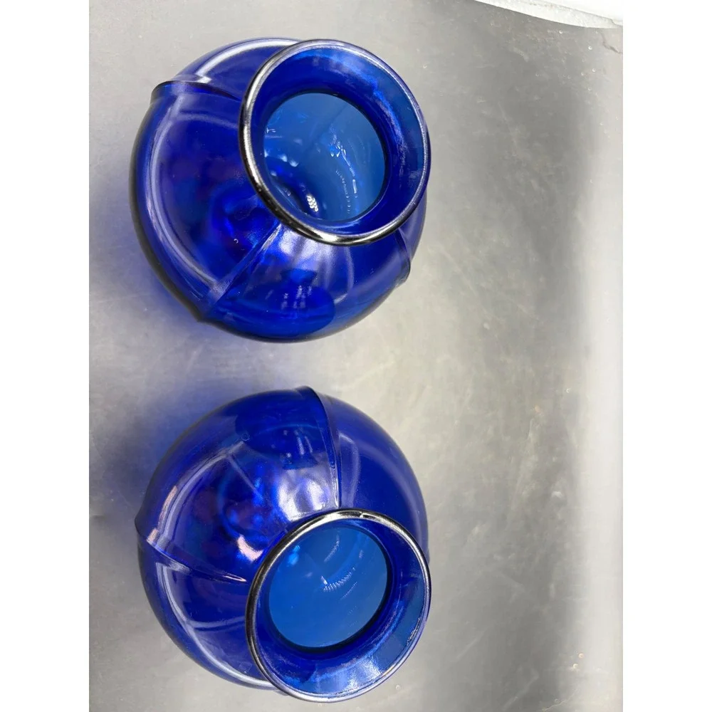 Vintage Cobalt Blue Glass Bud Vases Set of 2 Ribbed Round Optic Art Glass 4.5